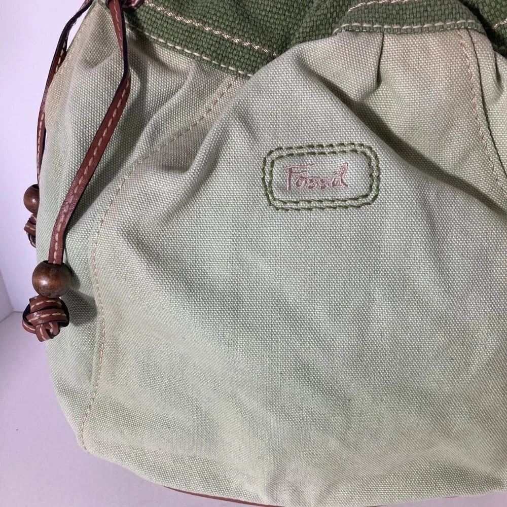 Womens Vintage Fossil‎ Canvas Handbag Leather Handles Green 12 x 15